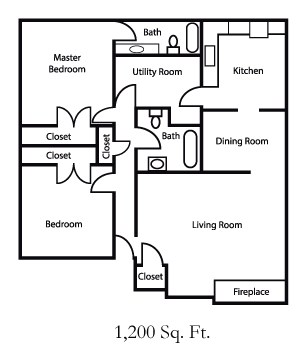 Floor plan for 2 beds, 2 baths, 1200 sqft